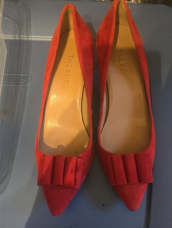Talbots Shoes - Talbots Red Suede Pointed Toe Flats with Bow Detail